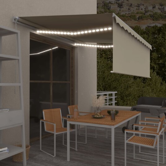 vidaXL Manuell uttrekkbar markise rullegardin og LED 4x3 m kremhvit vidaXL Manuell uttrekkbar markise rullegardin og LED 4x3 m kremhvit