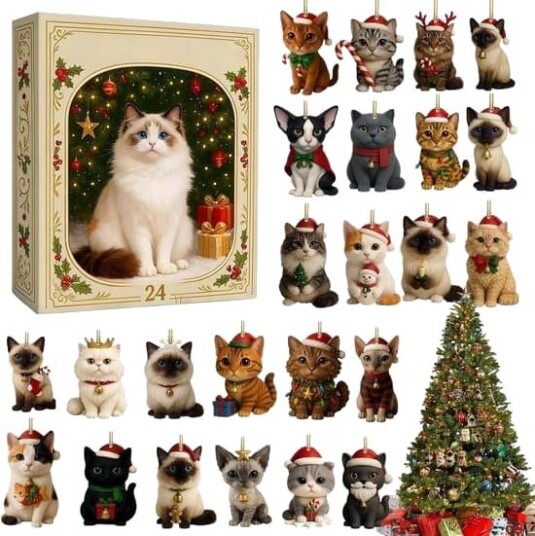 Adventskalender – Adventskalender 2026 – Adventskalender for barn – Katteadventskalender: Flat akryljuletre med søt kattungeanheng – 24 dager