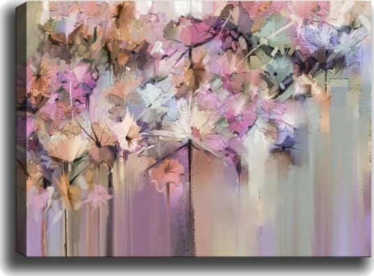 Lerretsbilde Fargerik blomsterkomposisjon med abstrakte former Lilla / Rosa / Beige