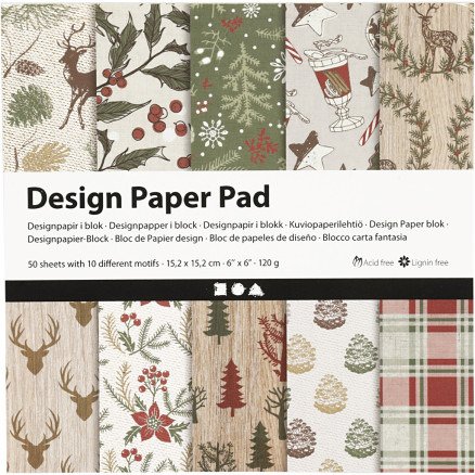 Designpapir i Blokk 15,2 x 15,2 cm Jul Beige Rød 50 Ark