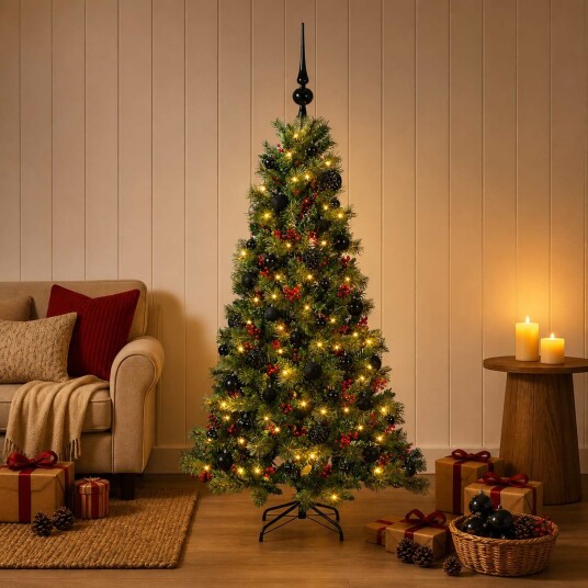 vidaXL Kunstig juletre med julekuler 120 cm 150 LED-lys Varmhvit
