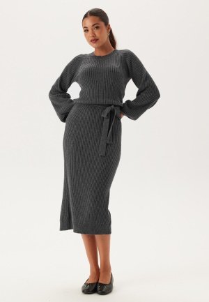 BUBBLEROOM Round Neck Rib Knitted Midi Dress Dark grey melange XS