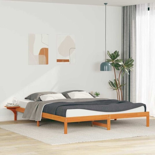  Sengestamme med Sidebord Vokset Brun 200 x 220 cm Massiv furu