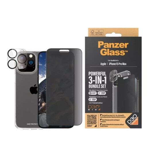 PanzerGlass iPhone 15 Pro Max PanzerGlass 3-i-1 Bundle m. EasyAligner - Privacy Skjermbeskyttelse (UWF) / Deksel / Kamerabeskyttelse - Gjennomsiktig / Svart