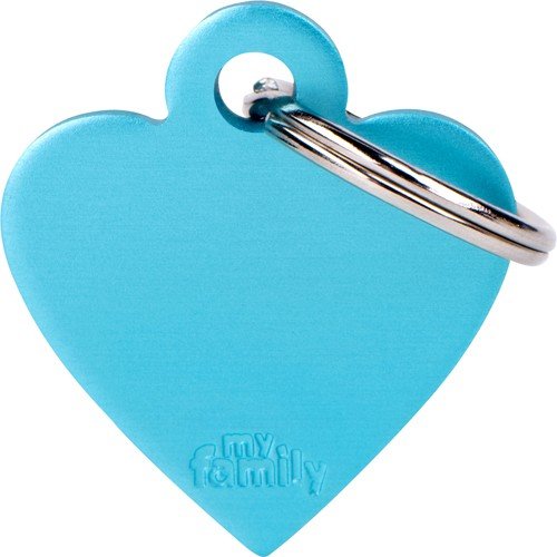 Myfamily Hjerte ID-tag i aluminium - Lyseblå 37x32 mm med gravering