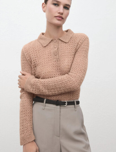 Mango Openwork Knitted Polo Neck Sweater Beige S