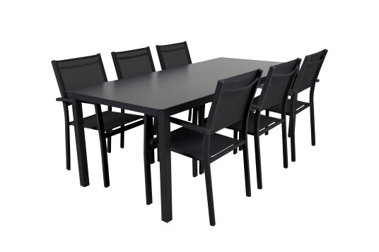 Brafab Rana spisegruppe Svart/grå 6 lenestoler & bord 200x90 cm