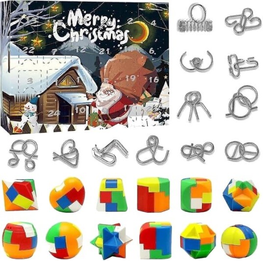 Adventskalender   24 dager med jule nedtellingsgaveeske med 3D metalltråd og plastiske hjernevrider puslespillleker