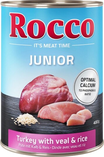 Rocco Våtfôr Junior Blandet Pakke Kyllinghjerter & Ris + & Kalvehjerter Kalkun 24 X 400 G