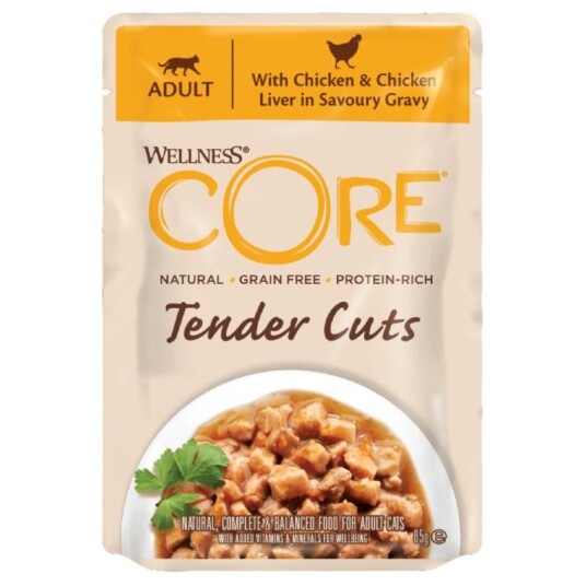 CORE Tender Cuts Våtfôr til Voksne Katter med Kylling og Lever i Saus 85g