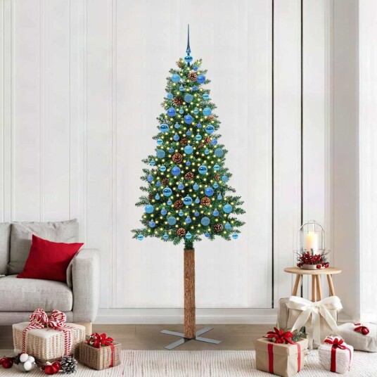  Slim juletre med 300 LED grønn 210 cm PVC og Massivt Furu tre