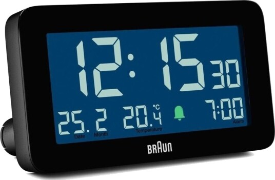 Braun vekkerklokke med temperatur og dato