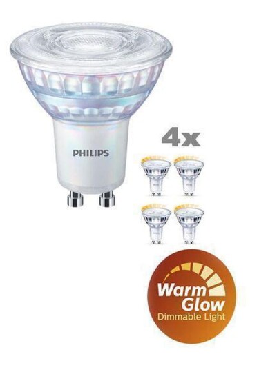 Philips 3,8W (50W), warmglow dimbar GU10 LED RA90, 4 pakning Philips 3,8W (50W), warmglow dimbar GU10 LED RA90, 4 pakning