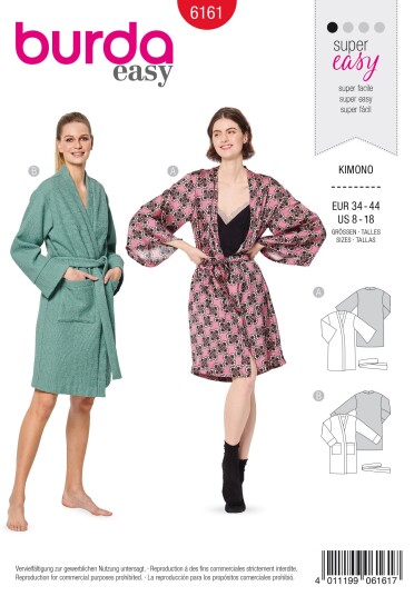Burda 6161 - Morgenkåpe, kimono EUR: 34-44, US: 8-18