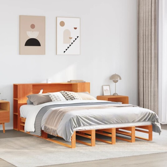  Seng med bokhylle uten madrass voksbrun 140x200 cm heltre 8721158626646