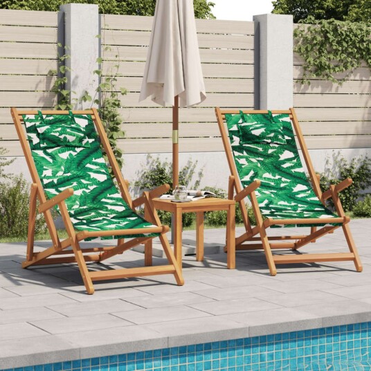 Sammenleggbare strandstoler 2 stk bladmønster stoff og heltre 3214489 Sammenleggbare strandstoler 2 stk bladmønster stoff og heltre 3214489