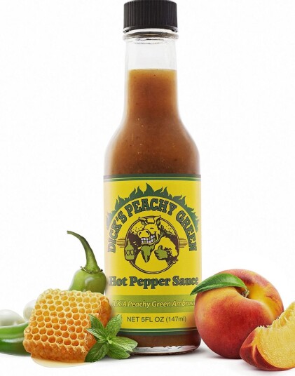 Dick"s Peachy Green Hot Pepper Sauce Chilisaus med Serrano Jalapeno og Fersken 147 ml USA Import Dick"s Peachy Green Hot Pepper Sauce Chilisaus med Serrano Jalapeno og Fersken 147 ml USA Import