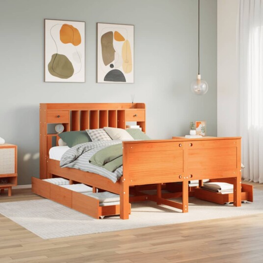 Seng med bokhylle uten madrass voksbrun 160x200 cm heltre furu 8721158383563