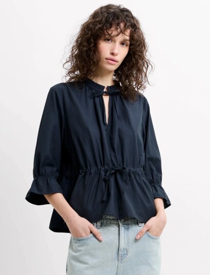 French Connection Era Poplin Ruffle Collar Top Navy M