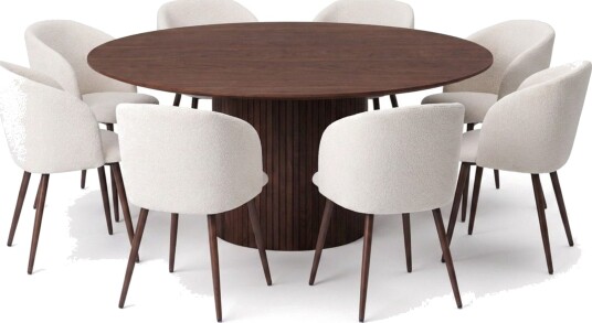Spisegruppe Bark Kopparbo 180 cm Valnøtt Hvit bouclé/Metallben valnøtt Rund 8