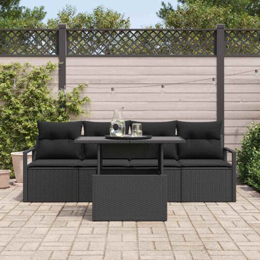 vidaXL Hagesofa Set med pute med lagring 5 pcs Svart Poly rattan