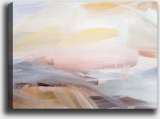 Lerretsbilde 70x100 cm Abstrakt landskap med myke fargeoverganger som skaper en rolig og harmonisk følelse Lys rosa / Lys gul / Lys blå