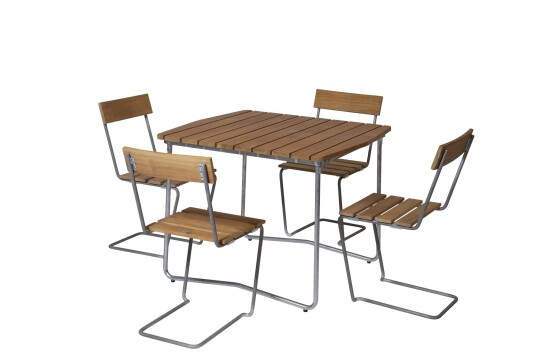 Grythyttan Stålmöbler B31 spisegruppe Teak/galvanisert stål 4 stoler & bord 84 x 92 cm
