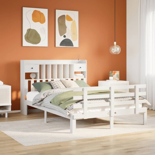  Seng med bokhylle uten madrass hvit 160x200 cm heltre furu 8721158615886