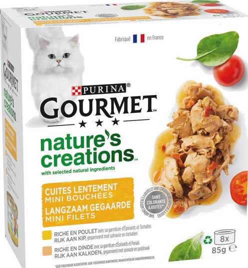 Gourmet våtfôr Opptil 12 bokser på kjøpet 32 Nature's Creations Gravy Heart Dypvannsfisk torsk og + 12 bokser på kjøpet kylling okse 48x85 g 36 x 85 g
