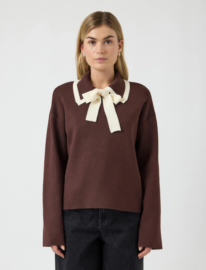 YAS Yasjosie Ls Bow Knit Top Brown XL