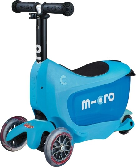 Micro Mini2go Deluxe Blue sparkesykkel for barn 18 mnd -5 år tre hjul med sete og lagringsplass