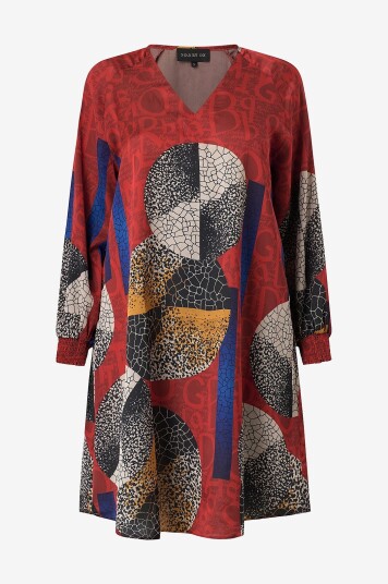 NO. 1 BY OX Kjole Loose V Neck Dress And LS w Smock Cuffs Flerfarget