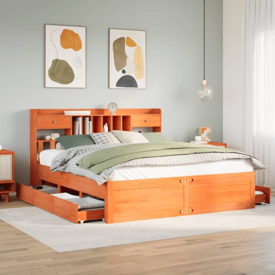 Seng med bokhylle uten madrass voksbrun 200x200 cm heltre furu 8721158383891