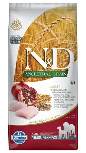 Farmina N&D Ancestral Grain Chicken & Pomegranate Light Adult Medium/Maxi Tørrfôr Til Hund 12 kg