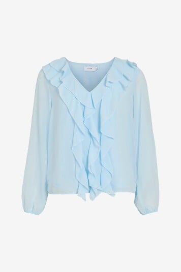 Vila   Bluse viAne V neck Frill   Blå