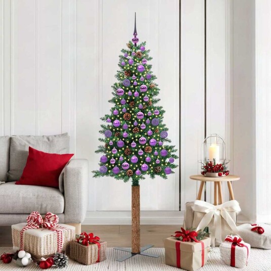  Slim juletre med 300 LED grønn 180 cm PVC og Massivt Furu tre