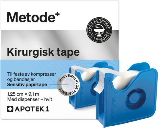 Metode kirurgisk tape 1,25 cm x 9,1 m hvit med dispenser 1 stk
