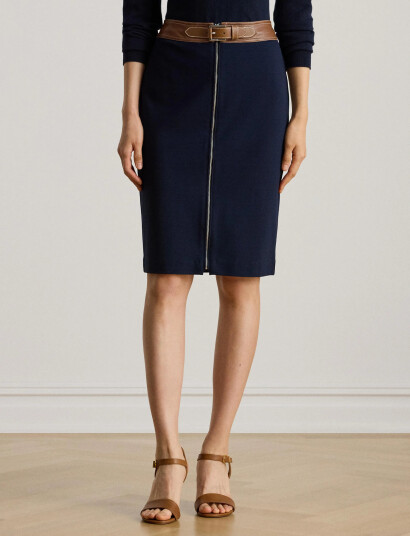Lauren Ralph Lauren Faux-Leather-Trim Ponte Pencil Skirt - Navy - 34 Lauren Ralph Lauren Faux-Leather-Trim Ponte Pencil Skirt - Navy - 34