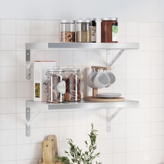 Vegghyller 2 stk 50x30x3 cm sølv rustfritt stål Vegghyller 2 stk 50x30x3 cm sølv rustfritt stål