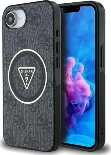 GUESS IML Metal Glitter 4G Circle Triangle MagSafe Case for iPhone 16e - Black