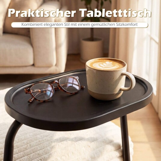 Beige kordfløyelsstol med brett – metallramme