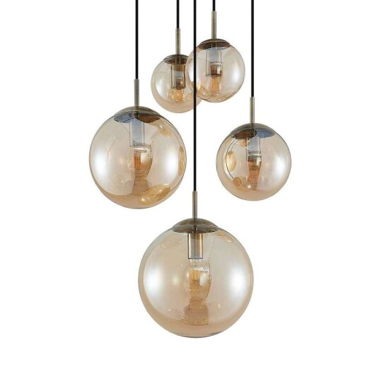 Lindby Teeja hengelampe, 5 glasskuler, rav Lindby Teeja hengelampe, 5 glasskuler, rav