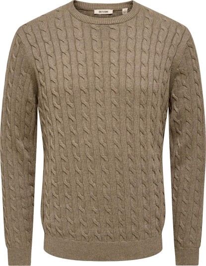 ONLY & SONS Onsloui Reg 12 Cabel Crew Knit Noos   Brown   S