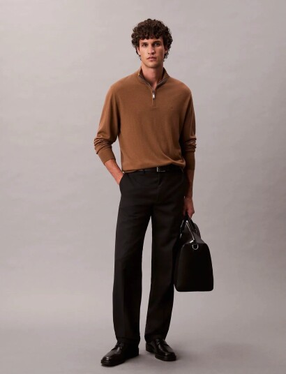 Calvin Klein Ls 100% Merino Qz 14Gg Brown XXL