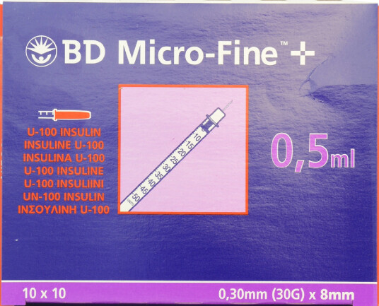 BD Micro-Fine U-100 insulinsprøyte 0,5ml 0,30x8mm 100 stk BD Micro-Fine U-100 insulinsprøyte 0,5ml 0,30x8mm 100 stk