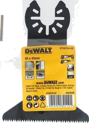 Dewalt DT20734-QZ Bimetall Sagblad 65x43 mm for Multiverktøy i Tre, Plast og Gips Dewalt DT20734-QZ Bimetall Sagblad 65x43 mm for Multiverktøy i Tre, Plast og Gips