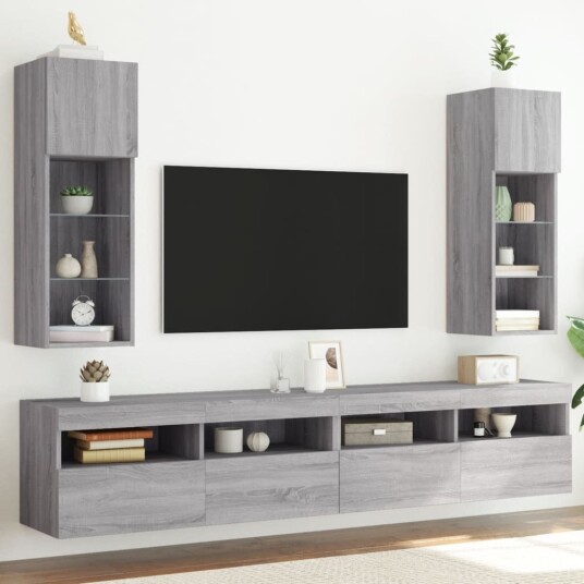 TV benker med LED lys 2 stk grå sonoma 30,5x30x90 cm