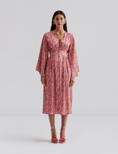 Malina Auden V-Neck Satin Midi Dress - Pink - XS