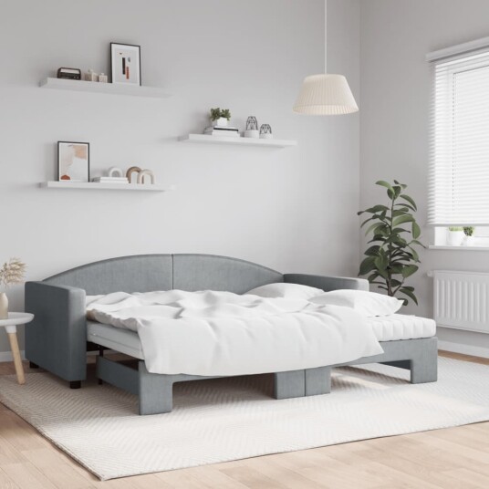  Uttrekkbar dagseng med madrass lysegrå 90x190 cm stoff