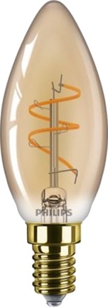Philips Vintage Led   Led Filamentlyspære   Form: B35   E14   3.1 W Ekvivalent 25 W   Klasse F   Flammelys   2200 K   Ravgul